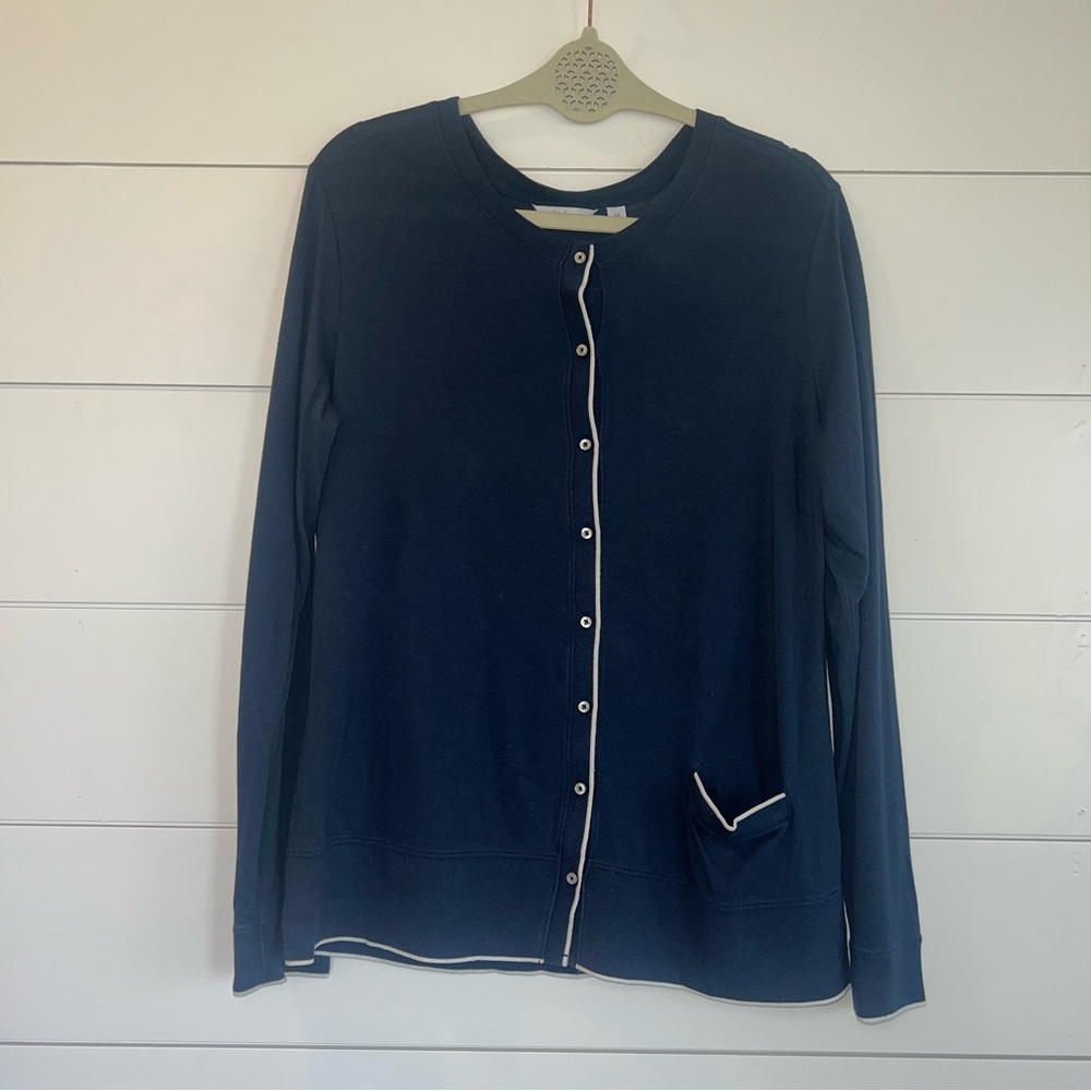 LADY HAGEN Pima Cotton Cardigan Sweater Navy Blue White Trim Medium Golf Women’s